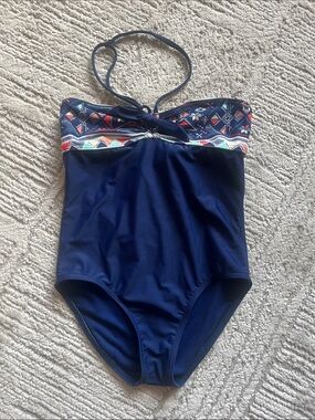 Roxy Girl | Navy One-Piece Halter Swimsuit with Aztec Trim, 12
